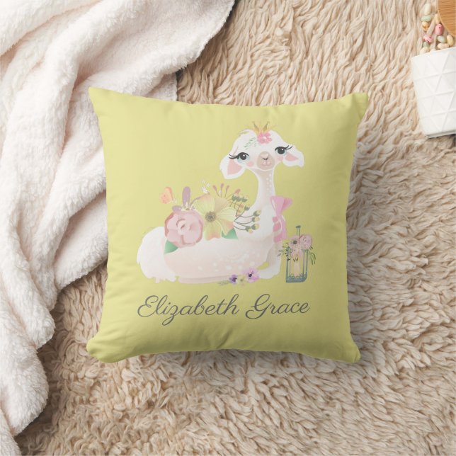 Llama Yellow and White with Flowers Baby  Cushion (Blanket)