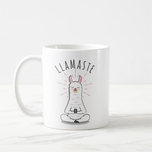 Llama yoga pose with llamaste coffee mug (Left)