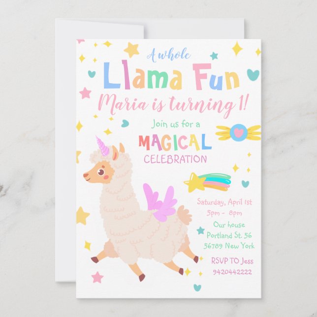 Llamacorn Magical Unicorn Birthday Invitation (Front)