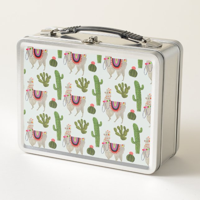 Llamarama Collection | Cactus & Llama Pattern Metal Lunch Box (Front)