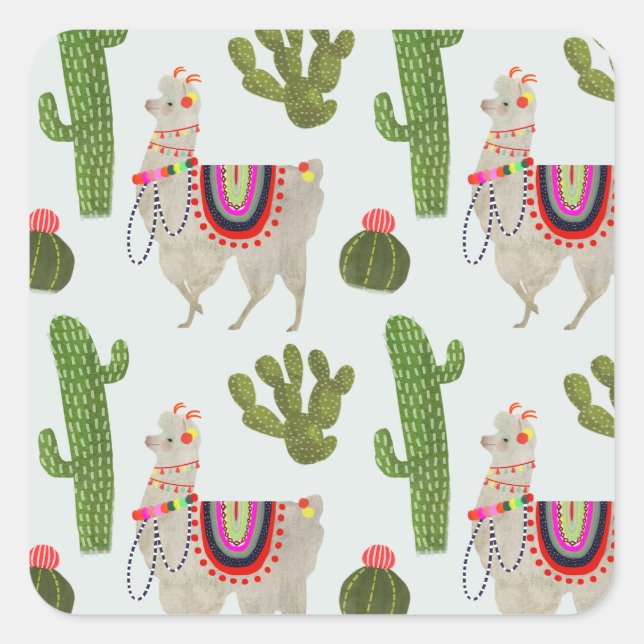 Llamarama Collection | Cactus & Llama Pattern Square Sticker (Front)