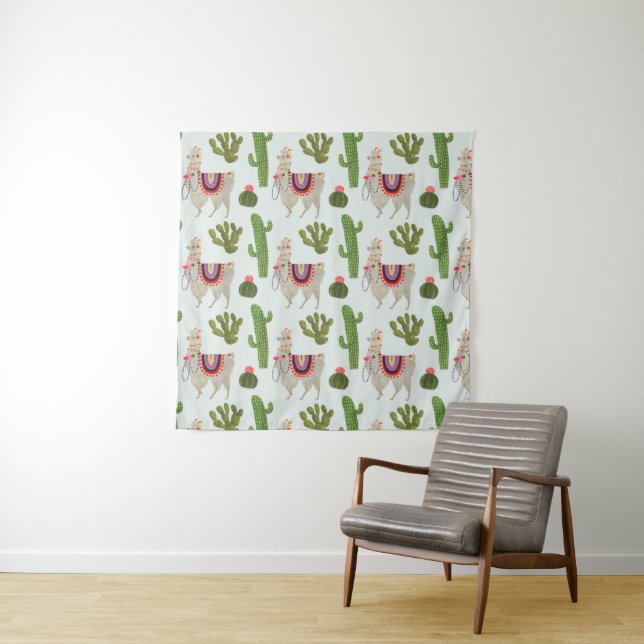 Llamarama Collection | Cactus & Llama Pattern Tapestry (In Situ)