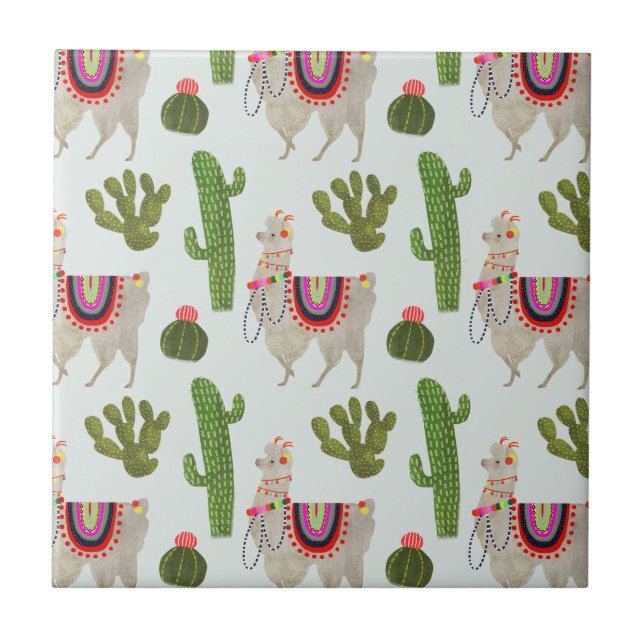Llamarama Collection | Cactus & Llama Pattern Tile (Front)