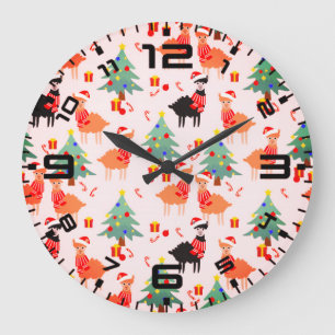 Llamas And Alpaca Christmas Pattern Large Clock