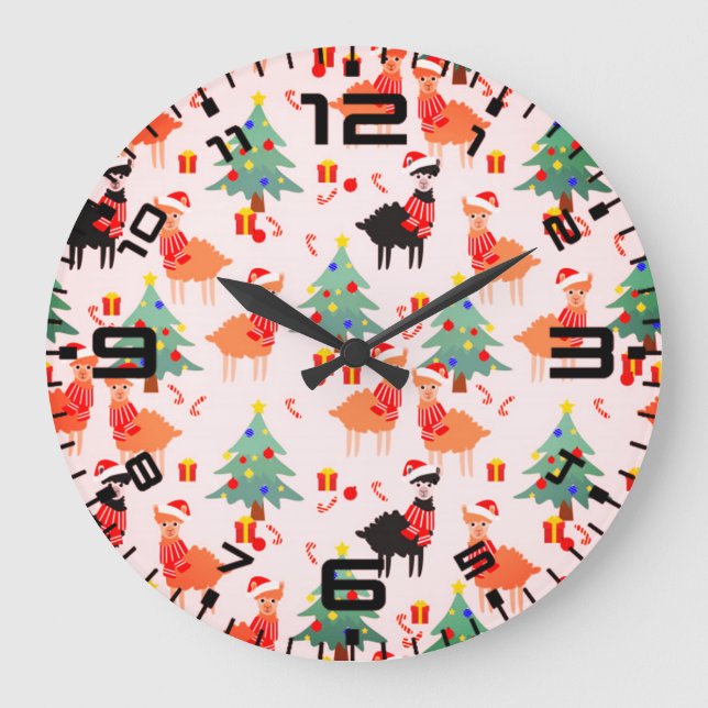 Llamas And Alpaca Christmas Pattern Large Clock (Front)