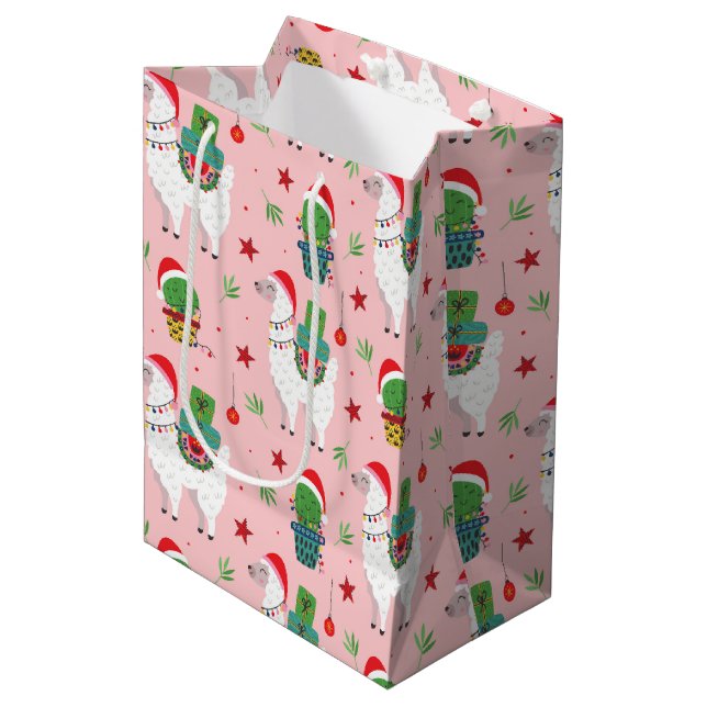 Llamas and Cacti Christmas Pattern Medium Gift Bag (Front Angled)