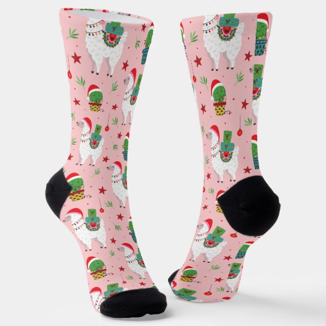 Llamas and Cacti Christmas Pattern Socks (Angled)