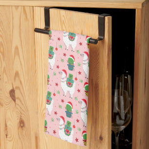 Llamas and Cacti Christmas Pattern Tea Towel