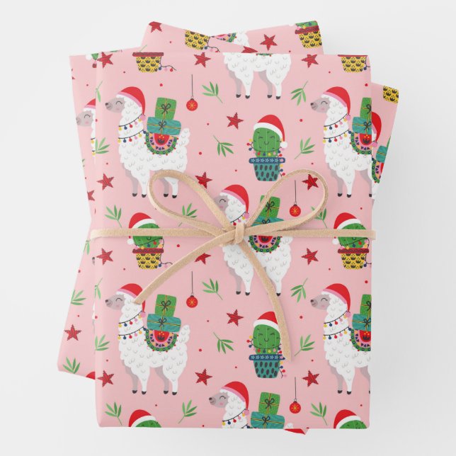 Llamas and Cacti Christmas Pattern Wrapping Paper Sheet (In situ)