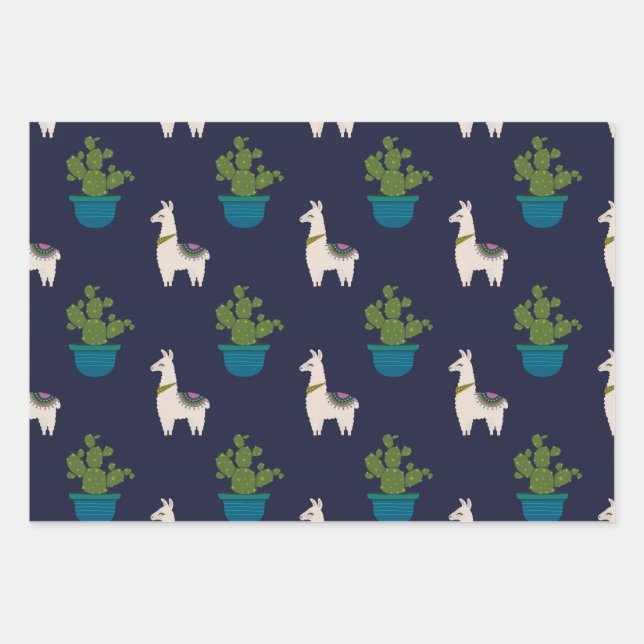 Llamas and Cactus on Navy Wrapping Paper Sheet (Front)