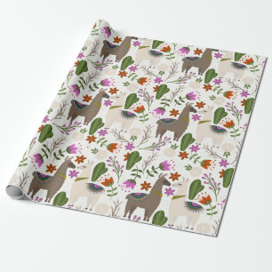 Llamas and Cactus on White Wrapping Paper