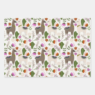 Llamas and Cactus on White Wrapping Paper Sheet