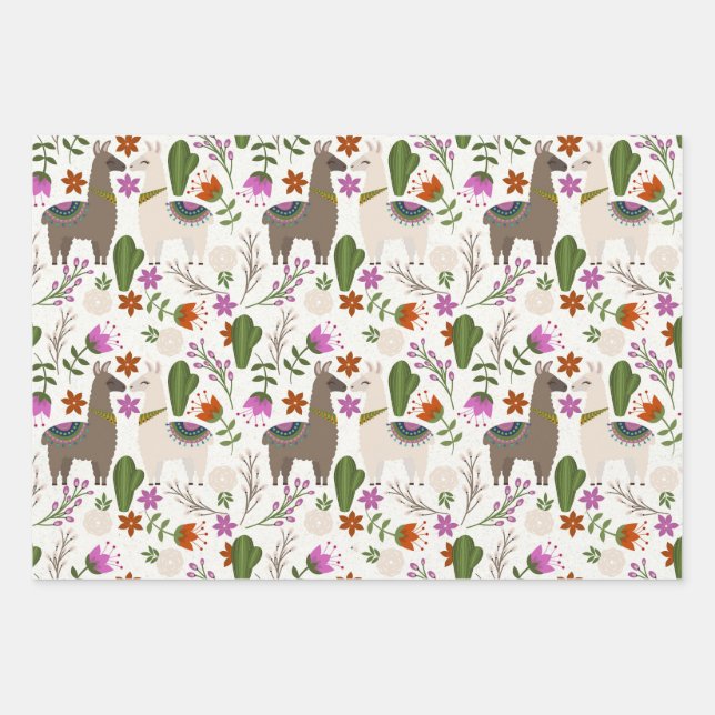 Llamas and Cactus on White Wrapping Paper Sheet (Front)
