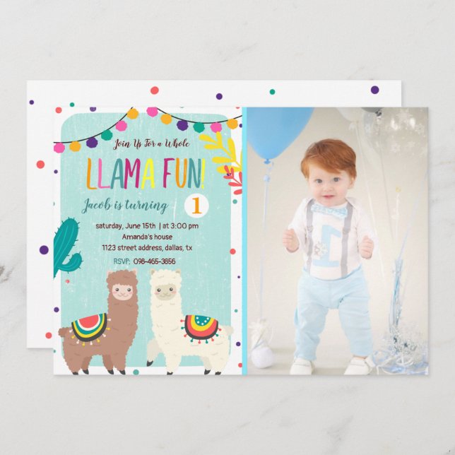 Llamas Blue Birthday Invitation with Photo (Front/Back)