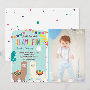 Llamas Blue Birthday Invitation with Photo