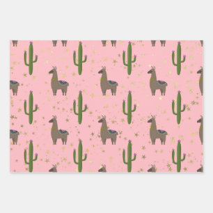 Llamas, Cactus and Stars on Pink Wrapping Paper Sheet