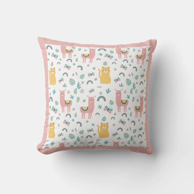 Llamas Cats Alapaca Pink Name Animals Boho Cushion (Front)