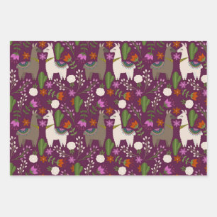 Llamas, Flowers and Cactus on Purple Wrapping Paper Sheet