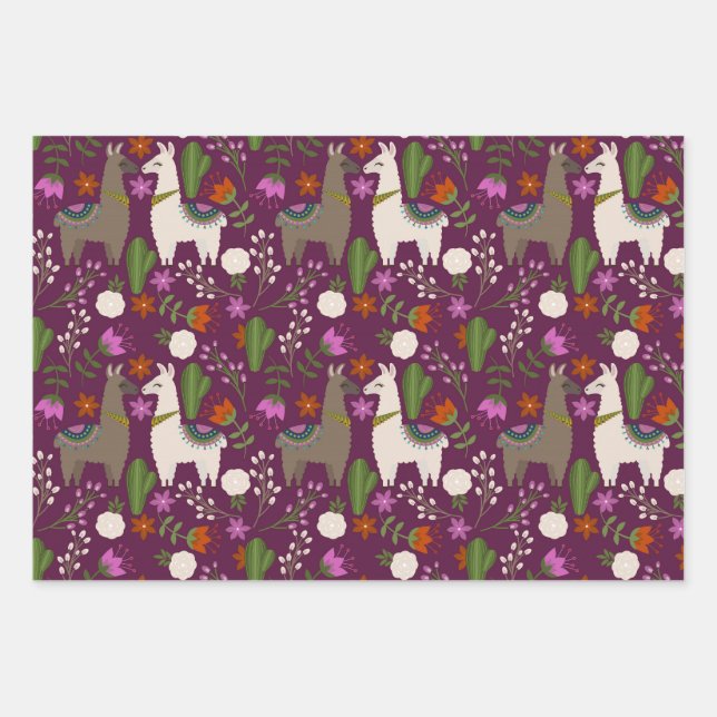 Llamas, Flowers and Cactus on Purple Wrapping Paper Sheet (Front)