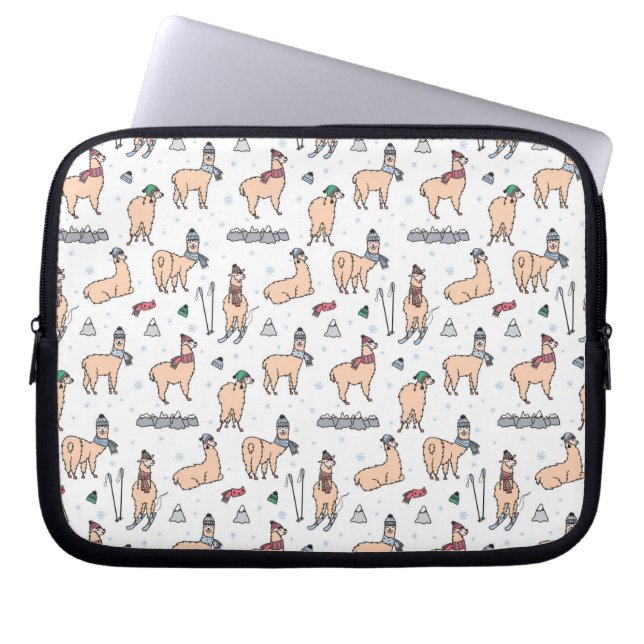 Llamas In Hats & Scarves Skiing Pattern Laptop Sleeve (Front)
