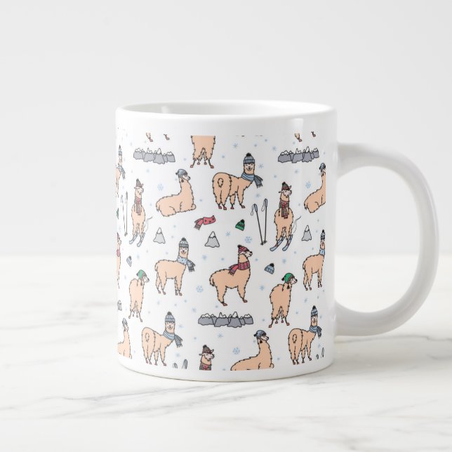 Llamas In Hats & Scarves Skiing Pattern Large Coffee Mug (Right)