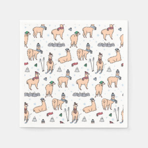 Llamas In Hats & Scarves Skiing Pattern Napkin