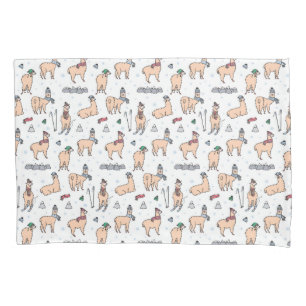 Llamas In Hats & Scarves Skiing Pattern Pillowcase