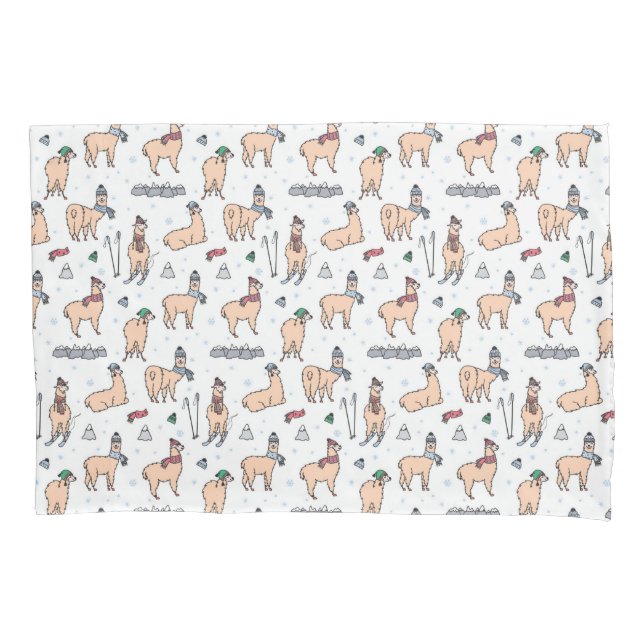 Llamas In Hats & Scarves Skiing Pattern Pillowcase (Front-Left)
