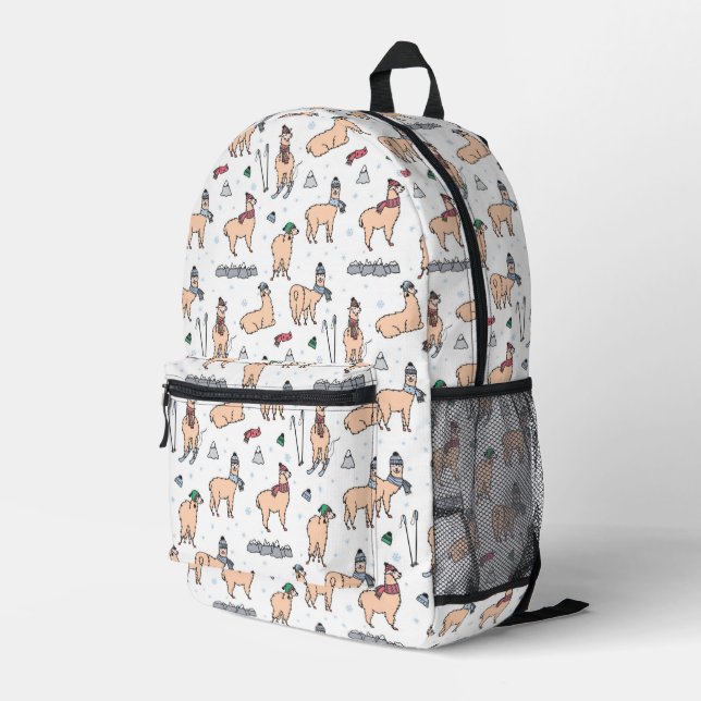 Llamas In Hats & Scarves Skiing Pattern Printed Backpack (Back Corner Right)