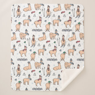 Llamas In Hats & Scarves Skiing Pattern Sherpa Blanket