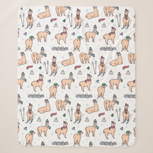Llamas In Hats & Scarves Skiing Pattern Sherpa Blanket (Front)