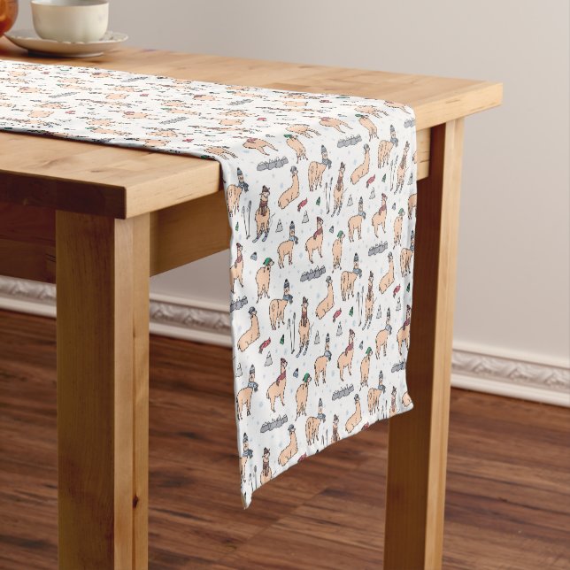 Llamas In Hats & Scarves Skiing Pattern Short Table Runner (In Situ)
