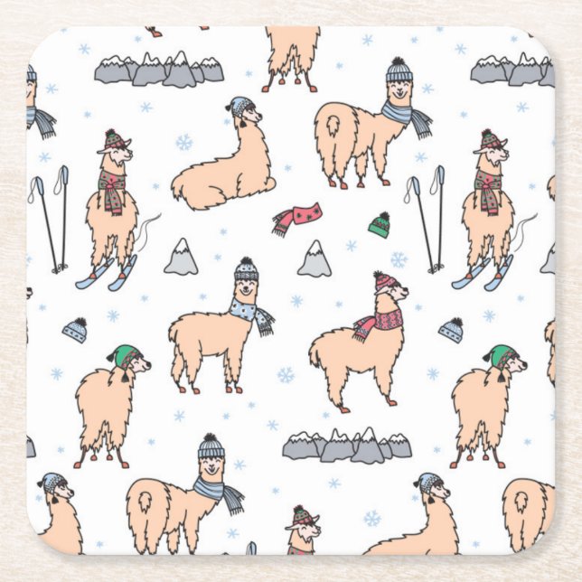 Llamas In Hats & Scarves Skiing Pattern Square Paper Coaster (Front)