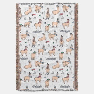 Llamas In Hats & Scarves Skiing Pattern Throw Blanket