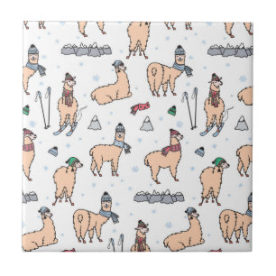 Llamas In Hats & Scarves Skiing Pattern Tile