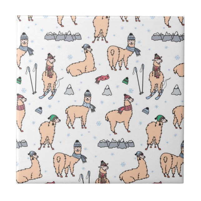 Llamas In Hats & Scarves Skiing Pattern Tile (Front)