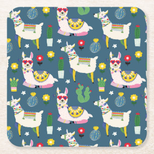 Llamas In Sunglasses Pattern Square Paper Coaster