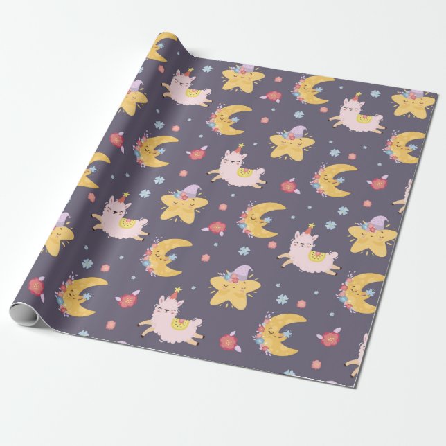 Llamas In The Sky Wrapping Paper (Unrolled)