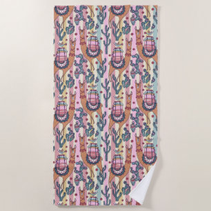 Llamas On Stripes Pattern Beach Towel