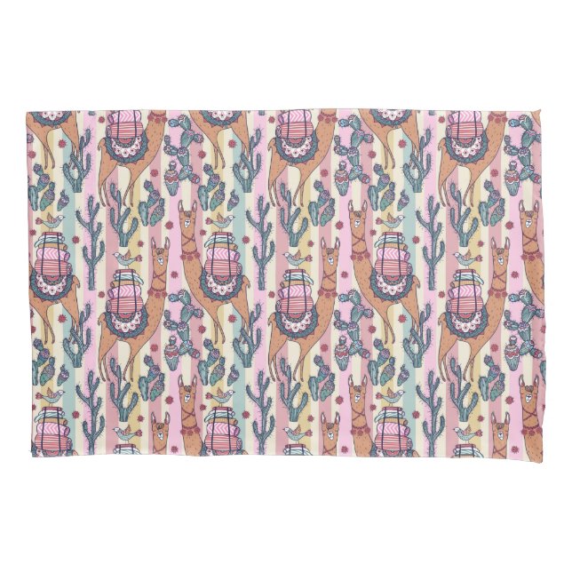 Llamas On Stripes Pattern Pillowcase (Front-Left)