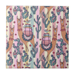 Llamas On Stripes Pattern Tile