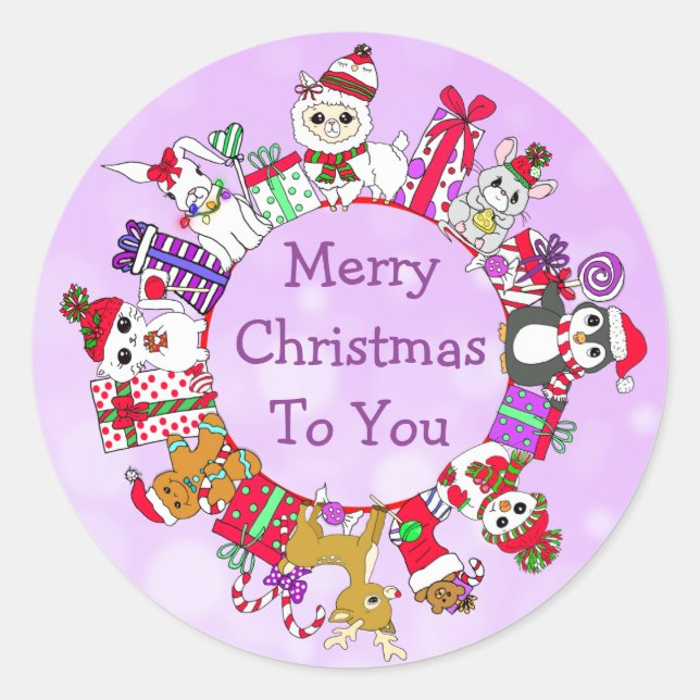Llamas, Penguin, Gingerbread Man Festive Holiday Classic Round Sticker (Front)