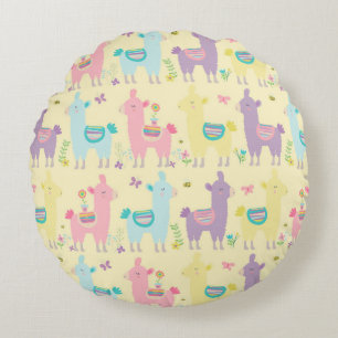 Llamas Pink Yellow Purple Cute Adorable Nursery   Round Cushion