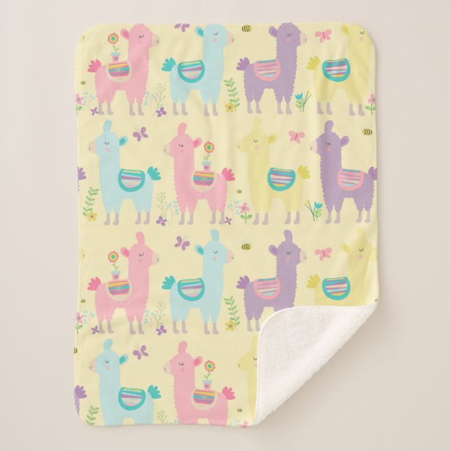Llamas Pink, Yellow Purple Cute Adorable Sherpa Sherpa Blanket (Front)