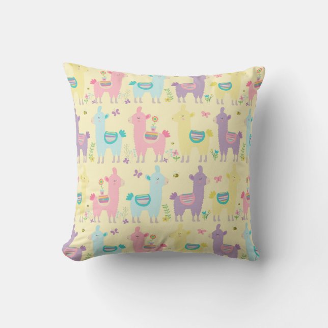 Llamas Pink, Yellow Purple Nursery Toddler Room Cushion (Front)