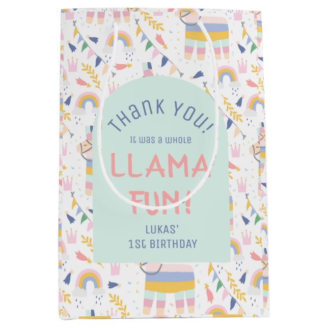 Llamas & Rainbows Fiesta Birthday Party Thank You  Medium Gift Bag (Front)