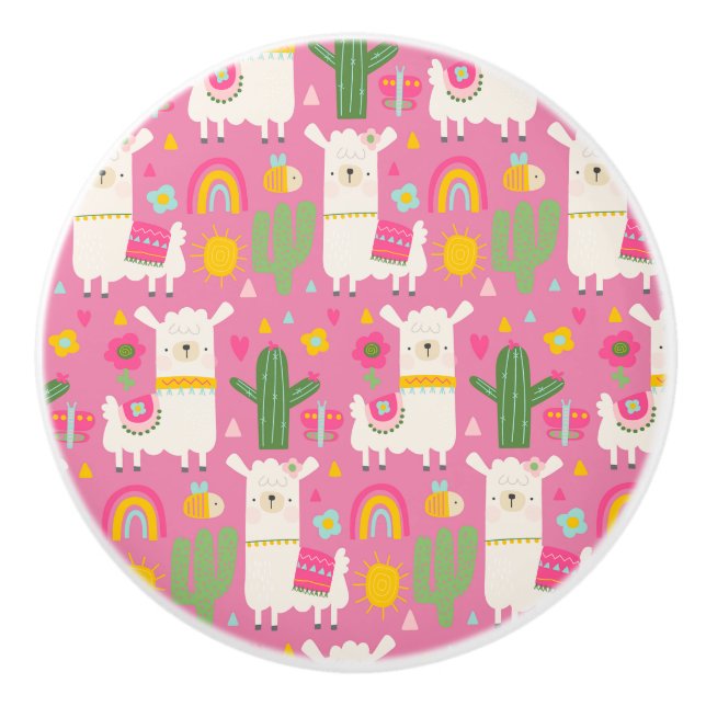 Llamas Rainbows Green Cactus Light Girly Pink Cute Ceramic Knob (Front)