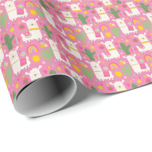 Llamas Rainbows Green Cactus Light Girly Pink Cute Wrapping Paper