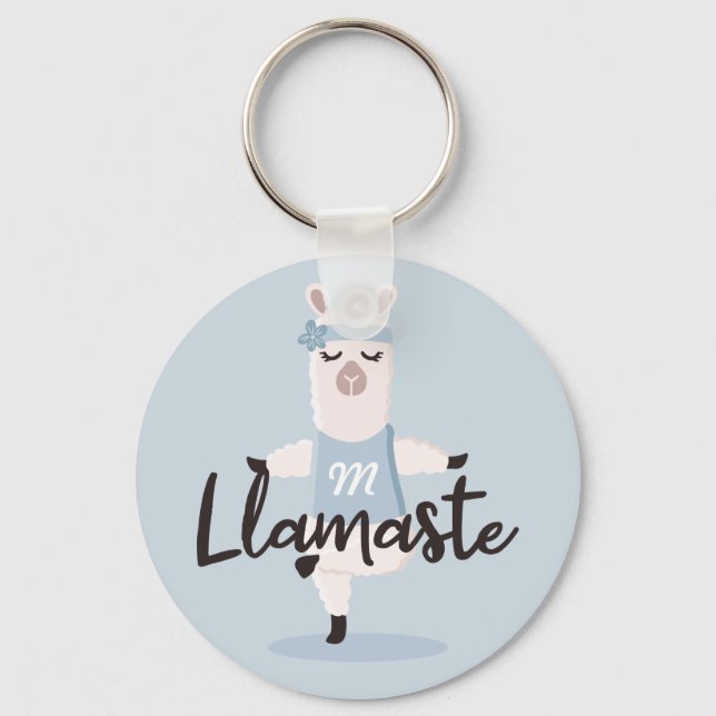 Llamaste Cute Blue Llama Yoga Character Monogram Key Ring (Front)