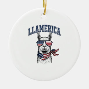 Llamerica Patriotic Llama Vintage Engraving T-Shir Ceramic Tree Decoration